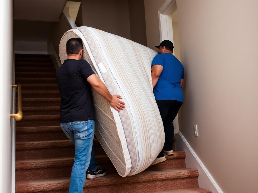 Two movers carefully carrying a wrapped mattress down apartment stairs