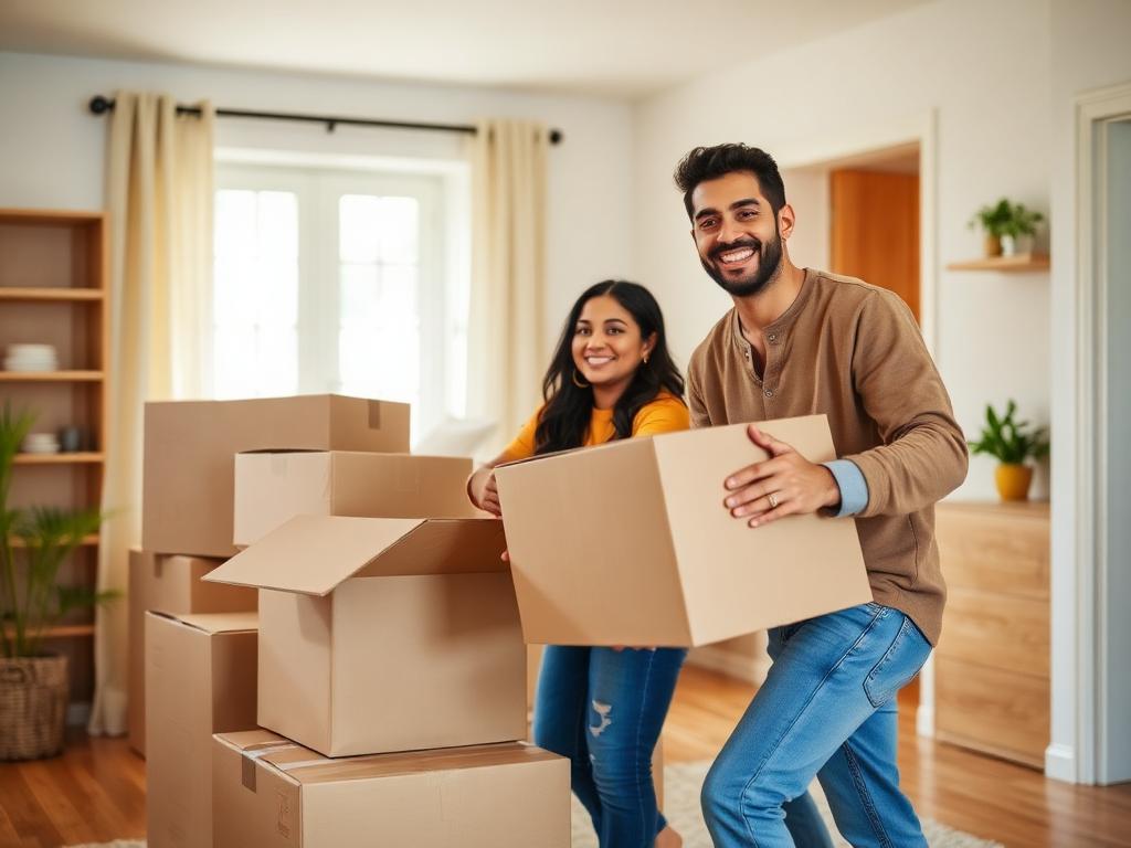 Happy family unpacking cartons in their new Hyderabad home