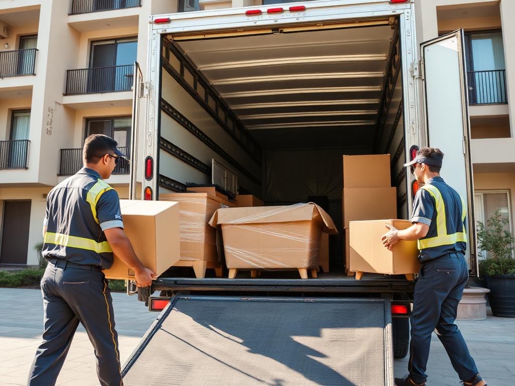 Movers loading wrapped furniture and cartons into an SVS moving truck