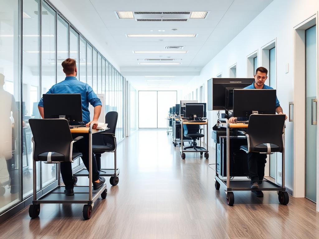 Office desks, chairs and computers being moved on trolleys during a relocation