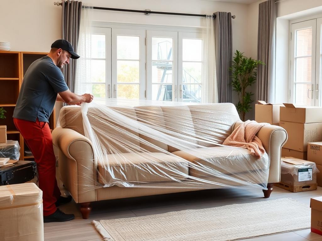 SVS team wrapping a sofa in protective film before a house shift