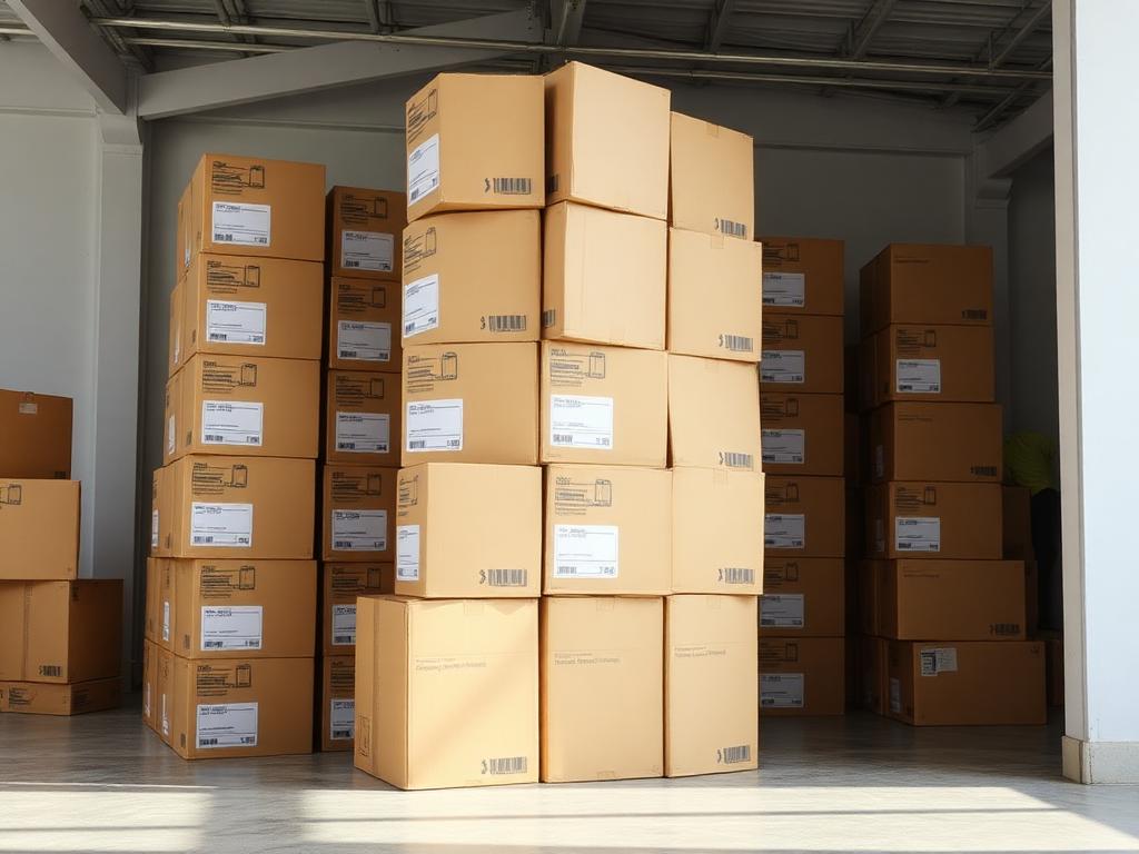 Labelled moving cartons stacked neatly in a clean storage warehouse